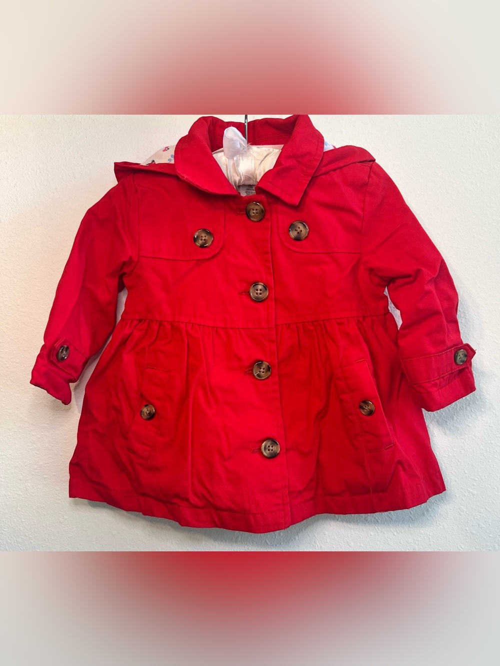 Little Lass Red Hooded Trench Coat Peacoat 12M EUC - Cherry Print Lining